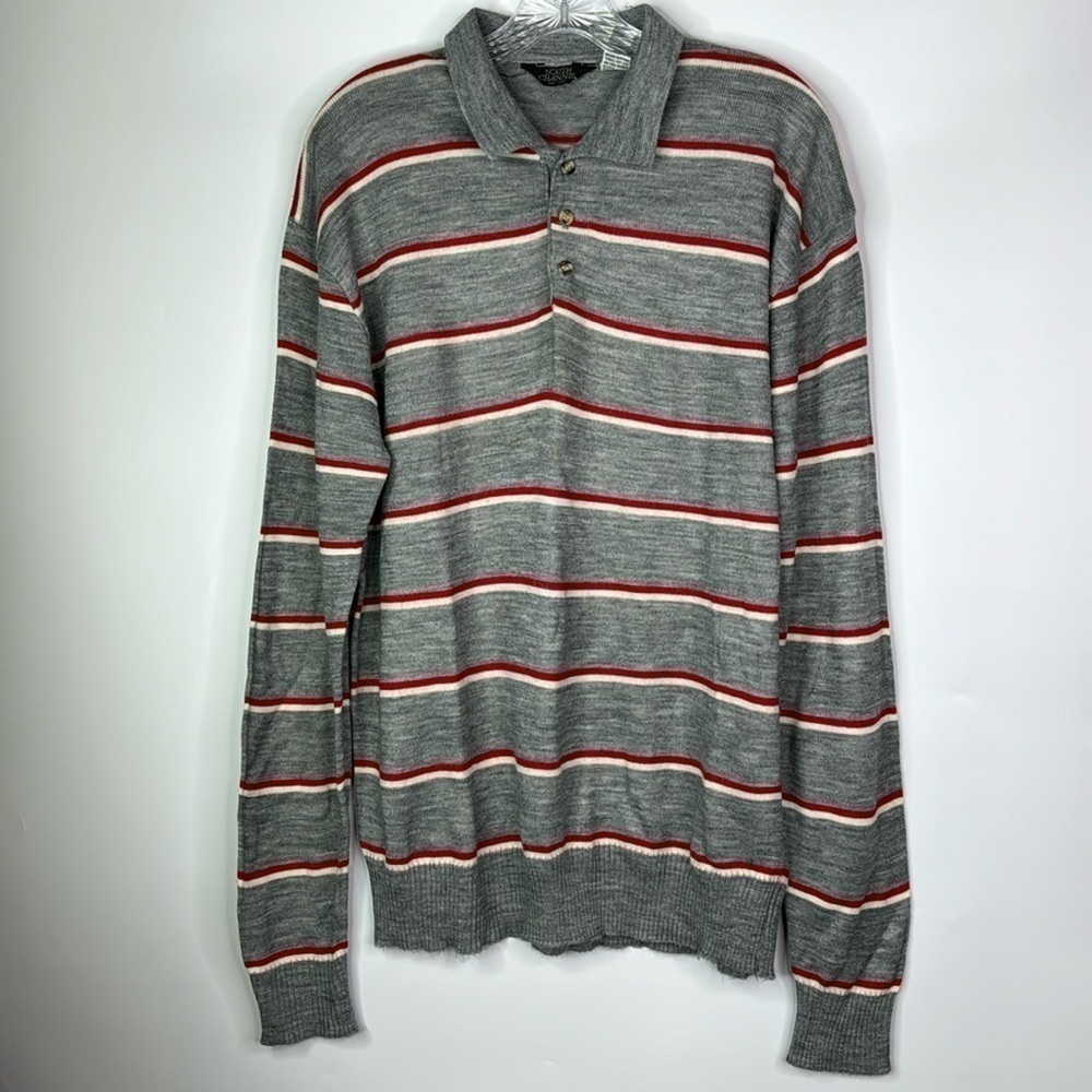 Vintage South Channel Acrylic Gray Red White Striped Collared Henley Sweater XL